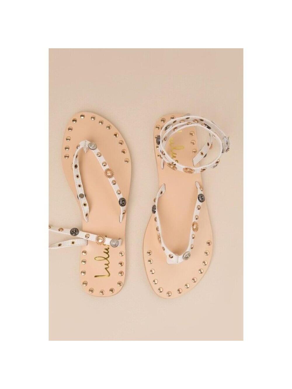 Lulus Brydone Bone Studded Ankle Strap Flat Thong Sandals White - Size 7